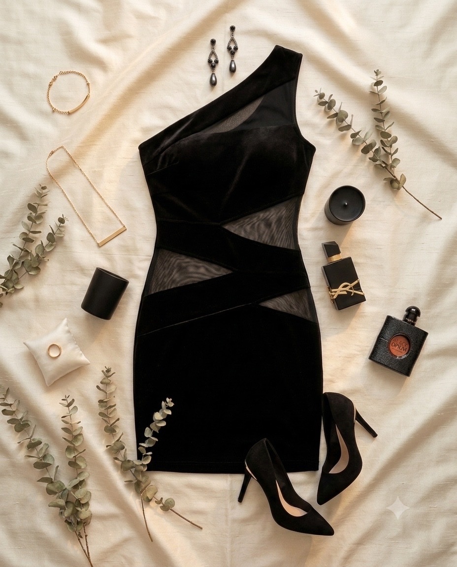 Robe bodycon asymétrique noire à découpes transparents