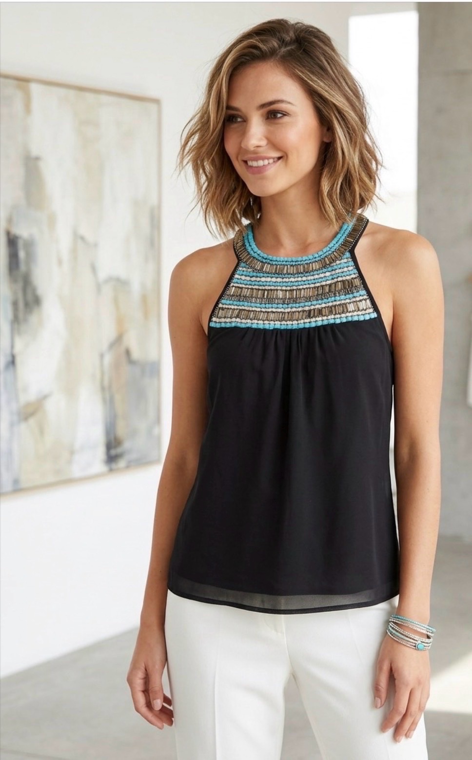 Débardeur noir chic avec perles turquoise & argentées ✨