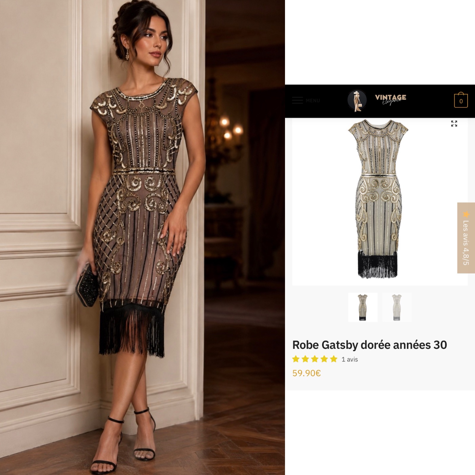 ✨ Robe élégante vintage noire & dorée à sequins et franges - de la Marque Gatsby ✨