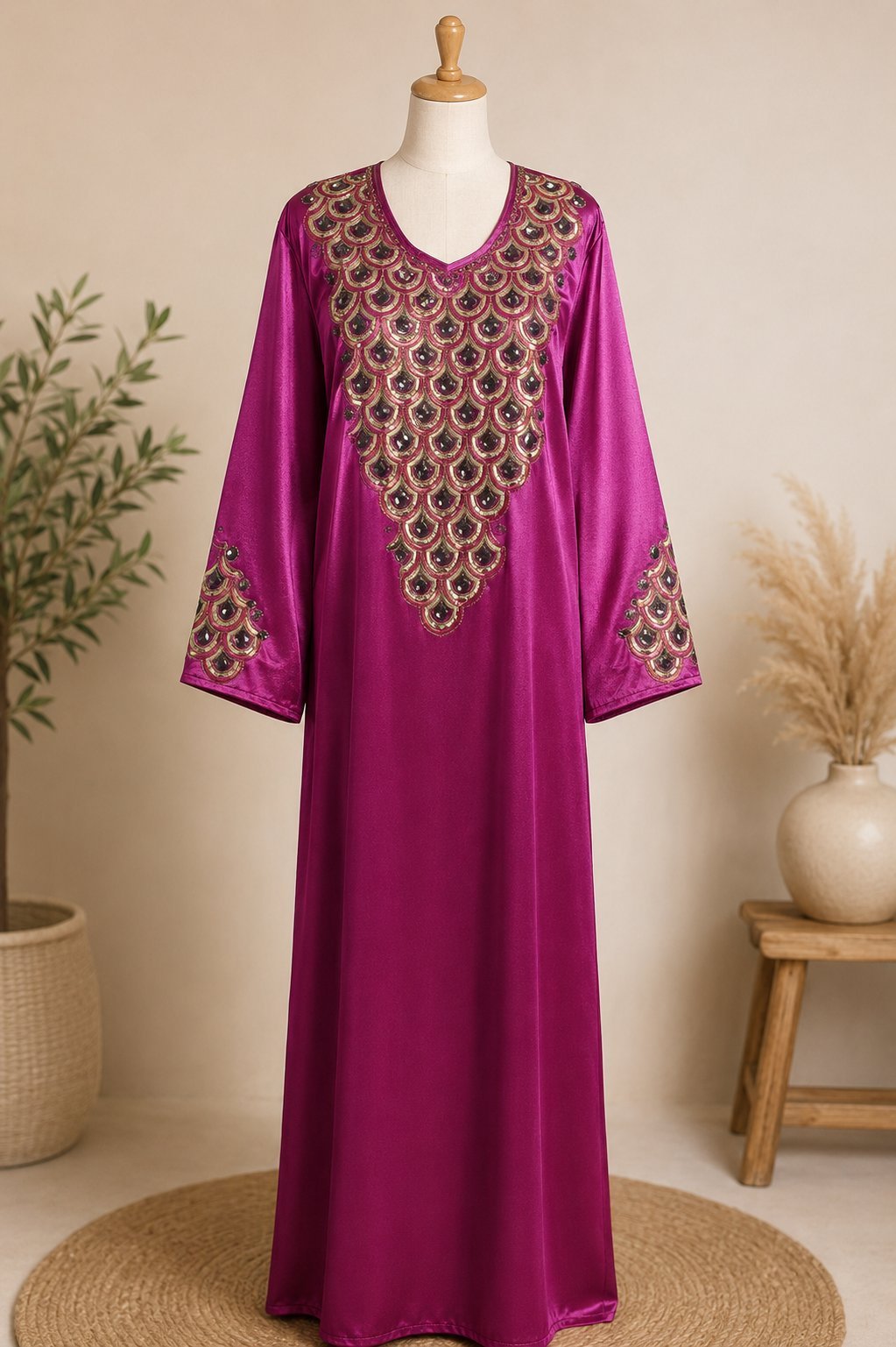 Robe Kaftan Fuchsia Satinée Brodée – Élégance Orientale Taille Xl