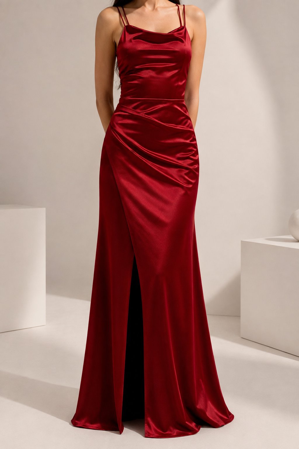 Robe longue satinée rouge – Dos nu croisé & fente élégante