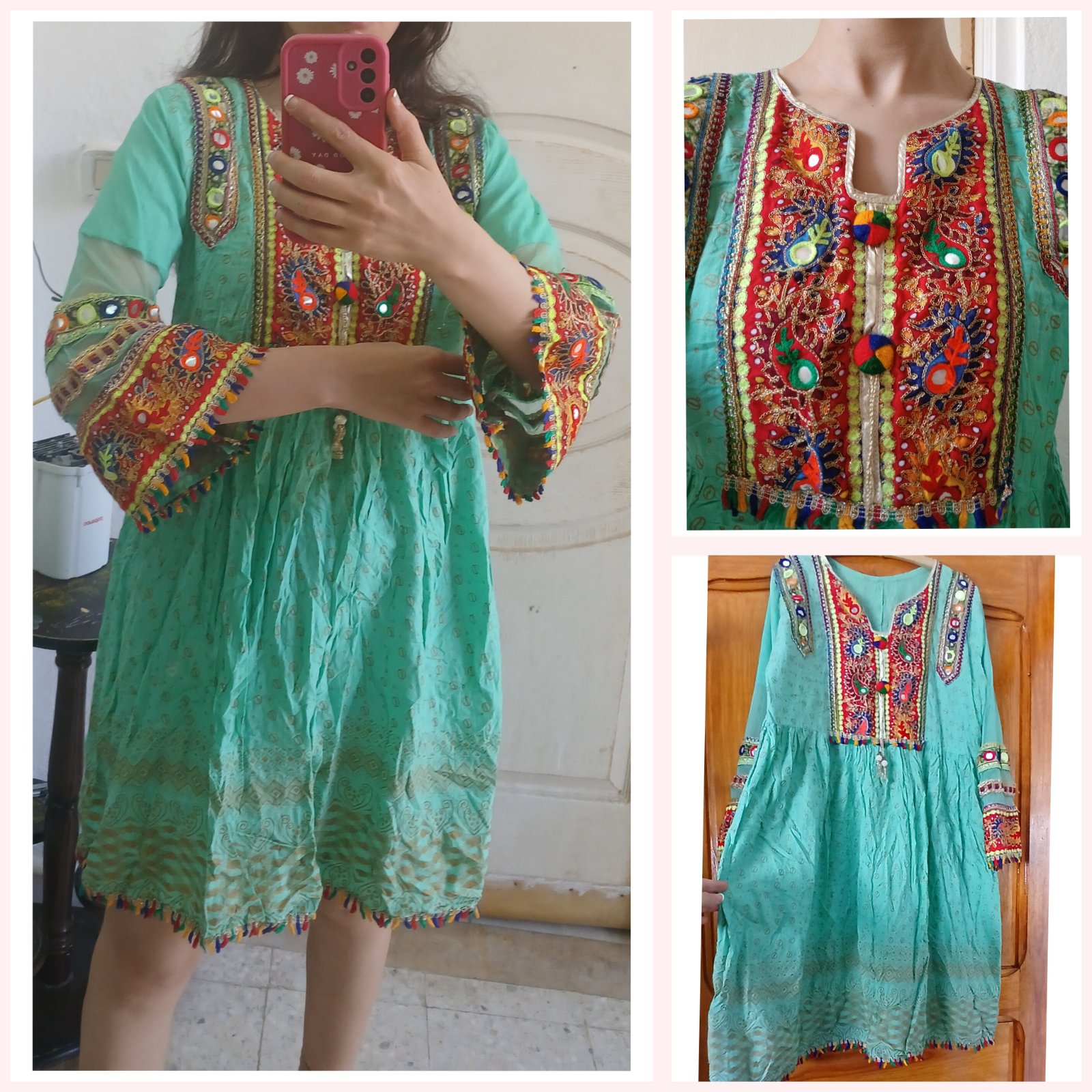 Robe courte traditionnelle vintage en tissu vert menthe, légère mais richement ornée de broderies colorées, miroirs décoratifs et franges multicolores, alliant simplicité et raffinement."