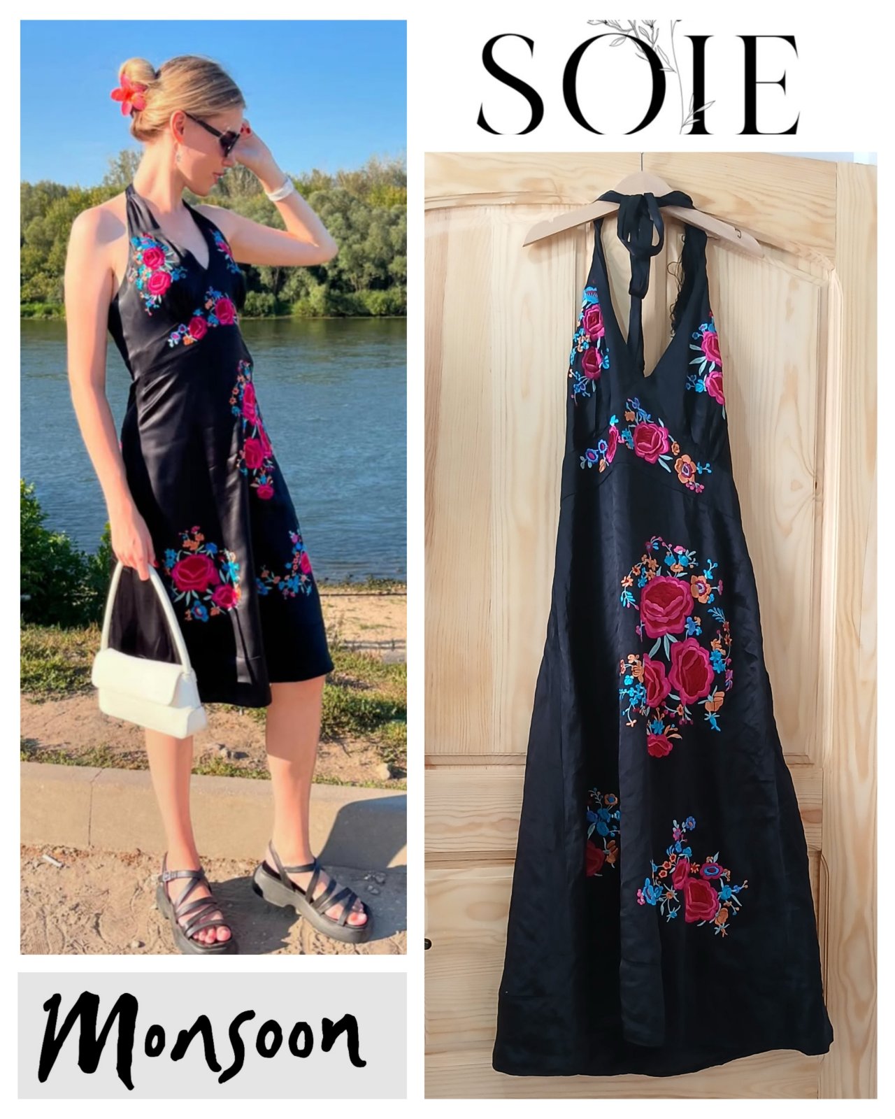 Très élégant robe vintage Monsoon , en satin de soie noir, à col montant style halter, ornée de fleurs brodées Elle a un vrai potentiel mode