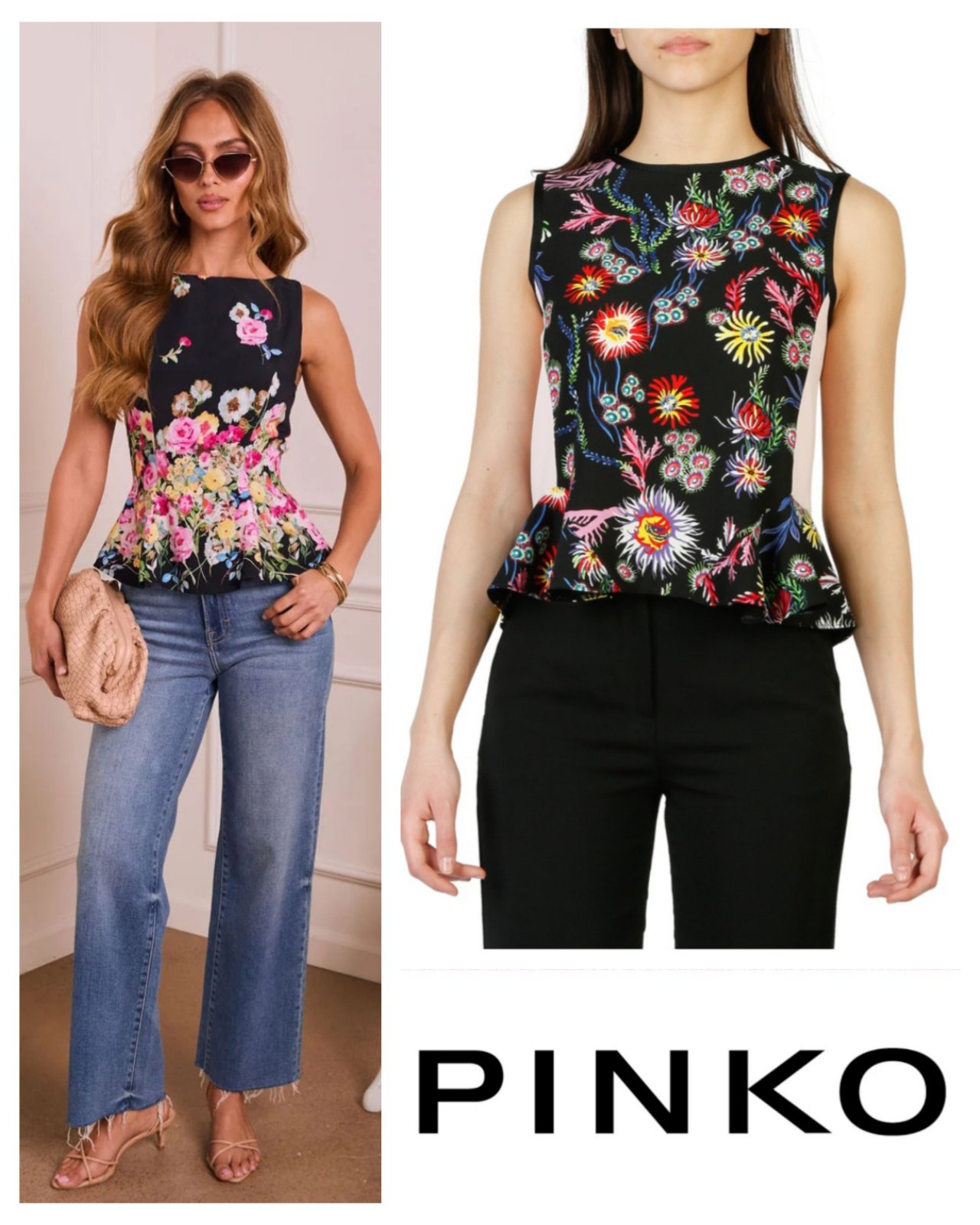  authentique. PINKO ✨ Top floral à la coupe féminine et structurée, signé PINKO. Imprimé coloré sur fond noir, avec une jolie finition volantée qui apporte beaucoup d’allure à la silhouette. Une pièce très élégante et originale