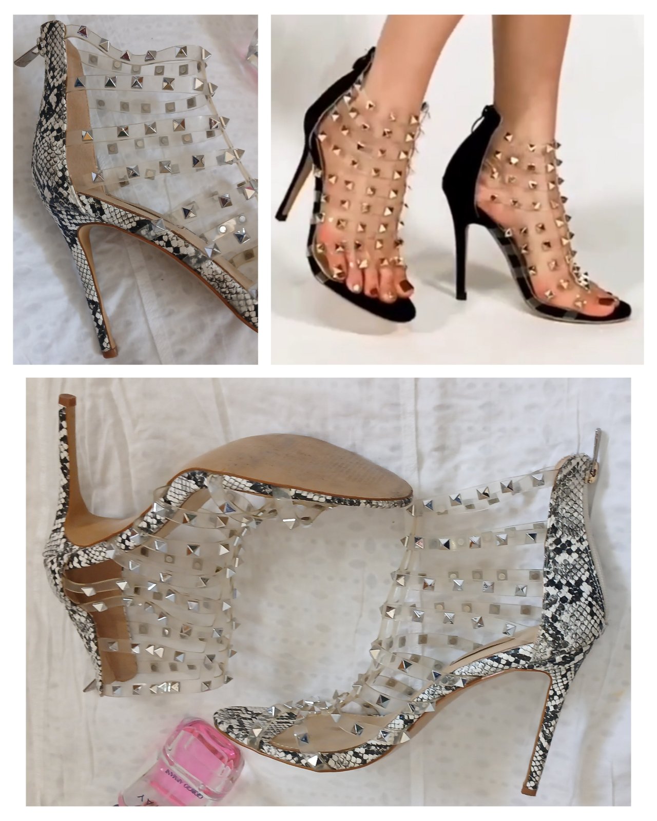 Escarpins statement au design ultra tendance. Jeu de brides transparentes sublimées par des clous métallisés pour une allure résolument fashion. Imprimé python revisité, silhouette sculpturale et talon vertigineux qui élancent la silhouette