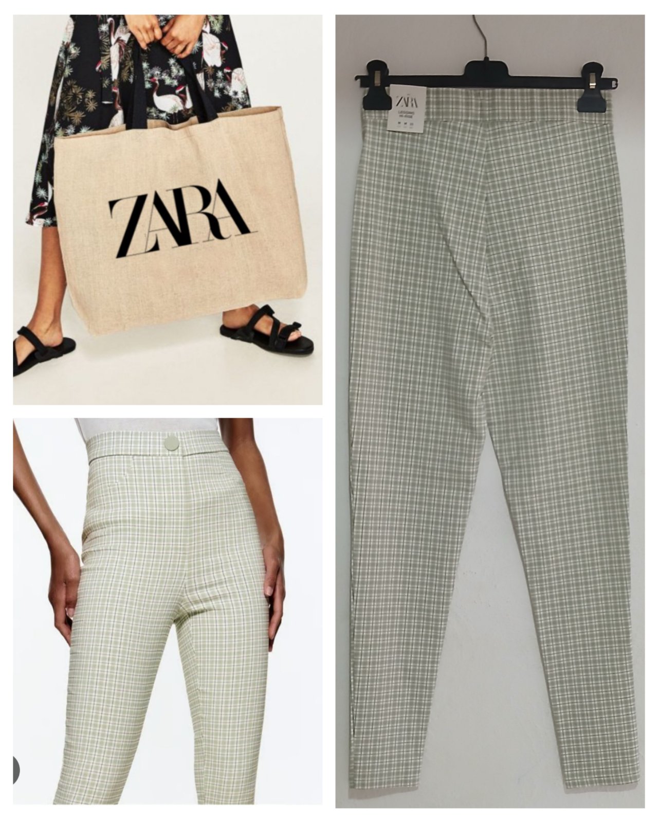   Pantalon Zara original, coupe ajustée et élégante. Couleur vert clair / vert pastel avec motif carreaux fins, très chic et facile à assortir. Taille haute, coupe flatteuse, idéale pour un look casual chic ou bureau