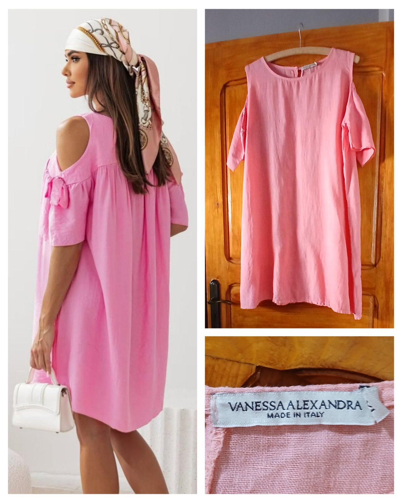 Robe 100% lin Made in Italy 🌸 Élégante et naturelle, cette robe en pur lin séduit par sa coupe droite fluide, ses épaules ajourées et sa douce teinte rose poudré