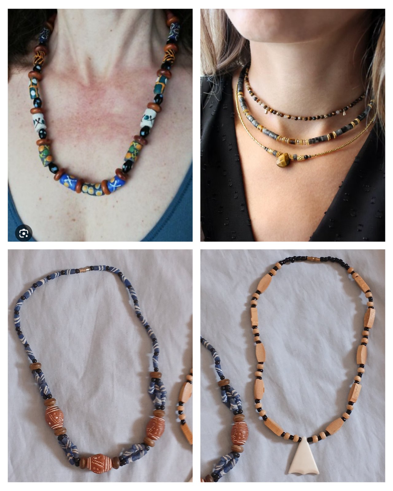  Colliers artisanaux en bois naturel noble et perles noires naturelles, au style ethnique et authentique.