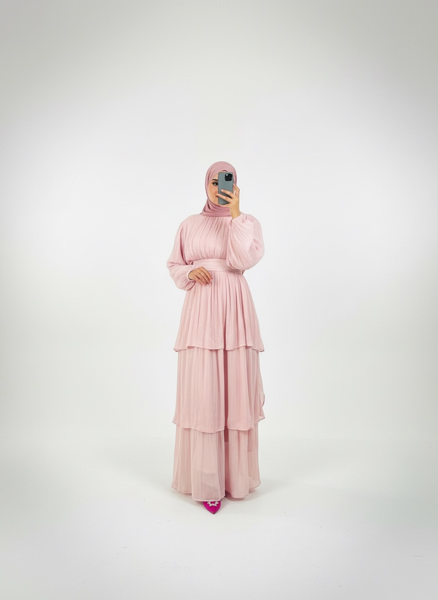 Elegant Layered Pink Modest Dress with Hijab