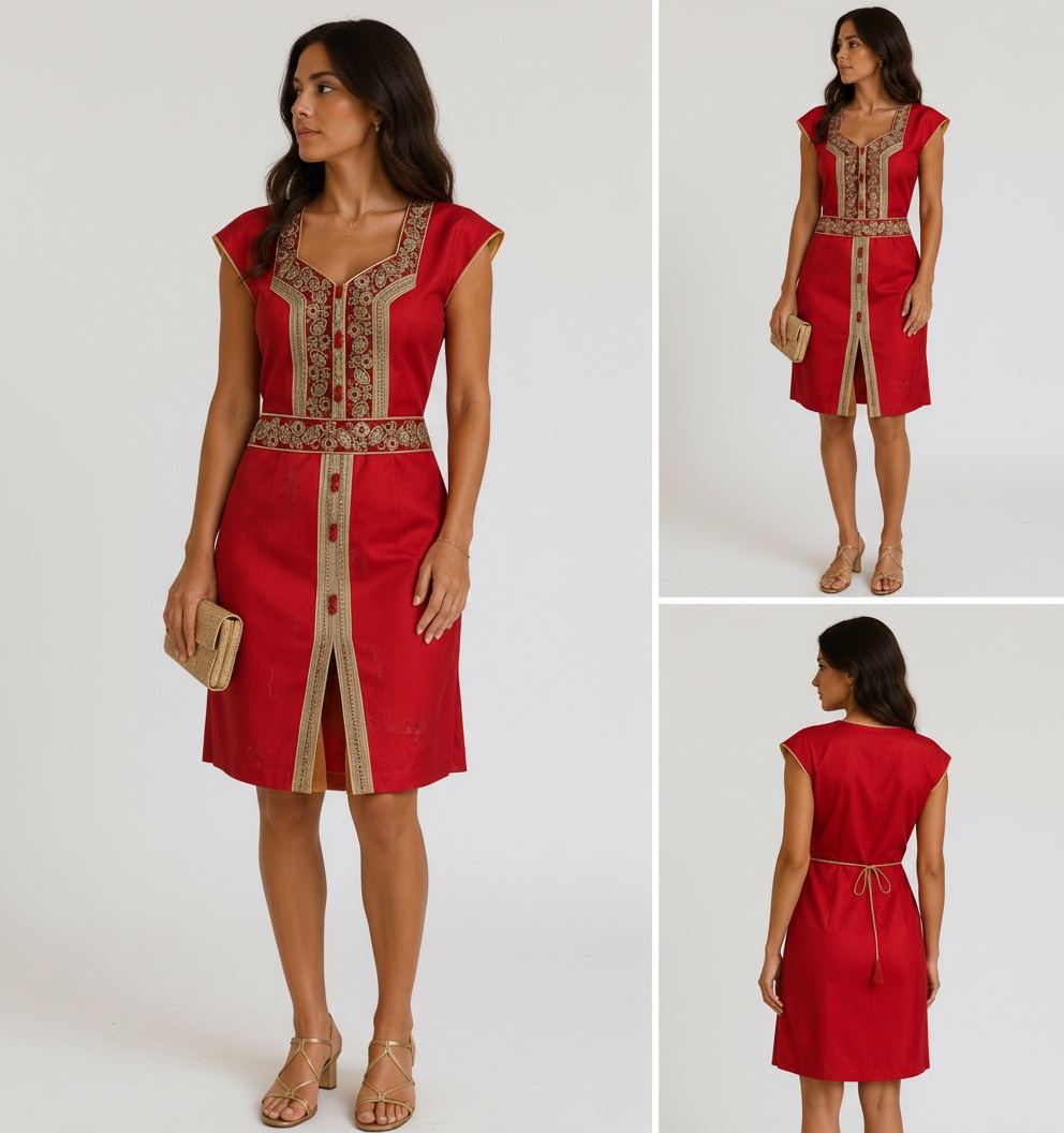 Robe Traditionnelle Brodée en cannetille Rouge & Doré