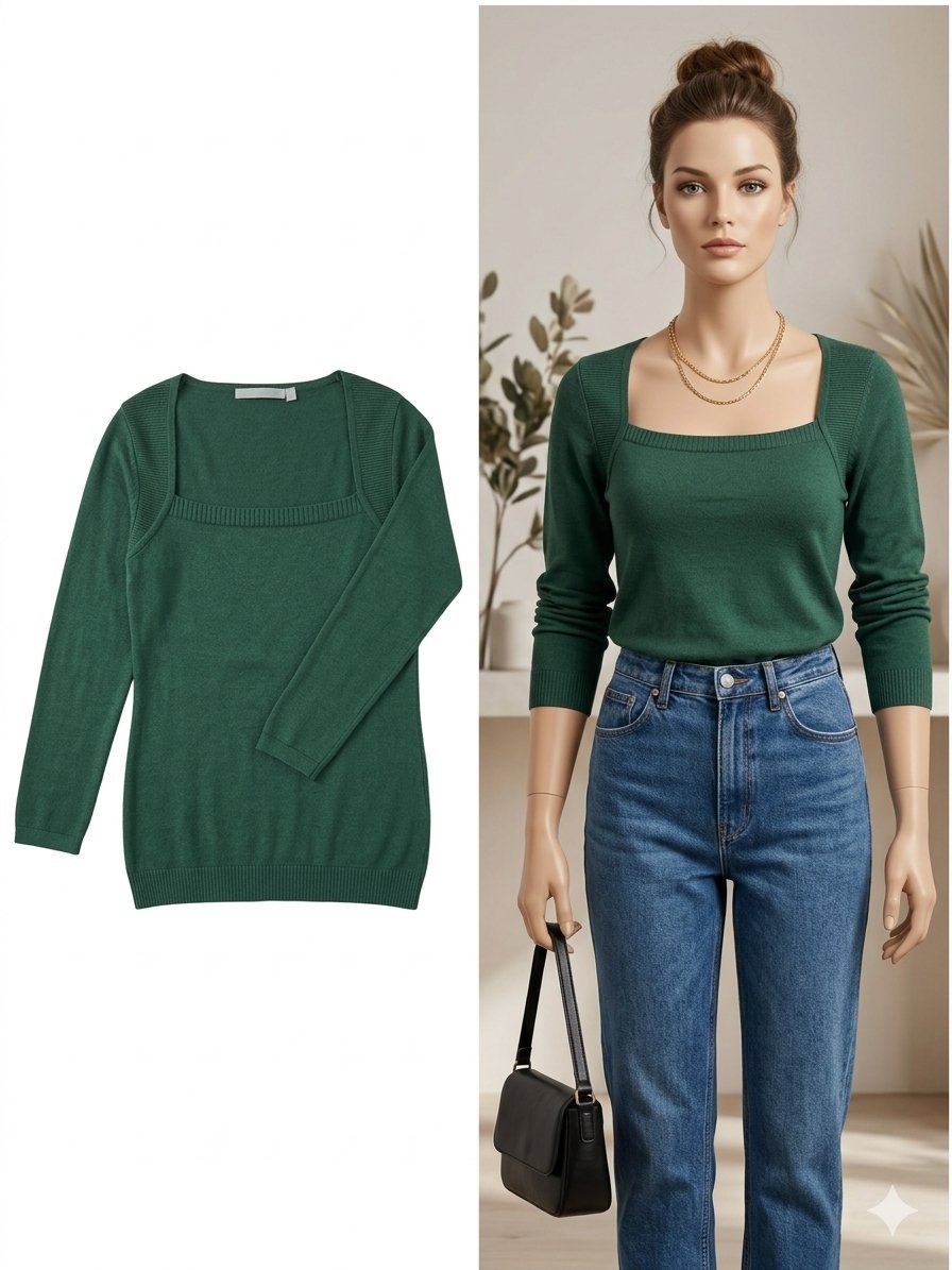 Pull body vert avec manches 3/4