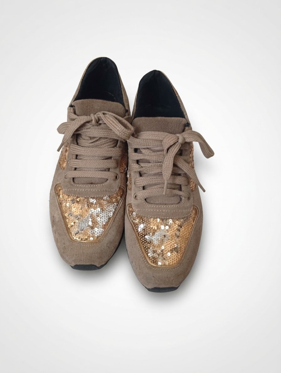 Baskets mode / Sport-chic beiges avec sequins dorés