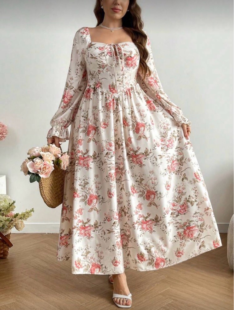 Flirla Robe longue décontractée Maxi à col ras-du-cou rose à fleurs