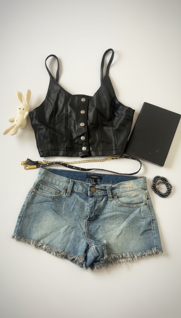 Top en cuire boutonné, ceinture en cuire avec chaine integrée, mini short jean denim