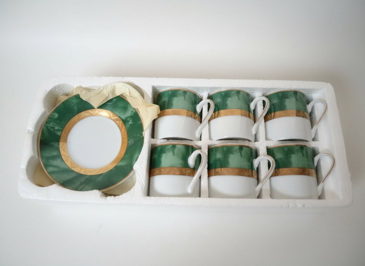NEUF, Service de tasses à café avec sous-tasses décor vert et doré. Style ÉLÉGANT. Jamais utilisé. 