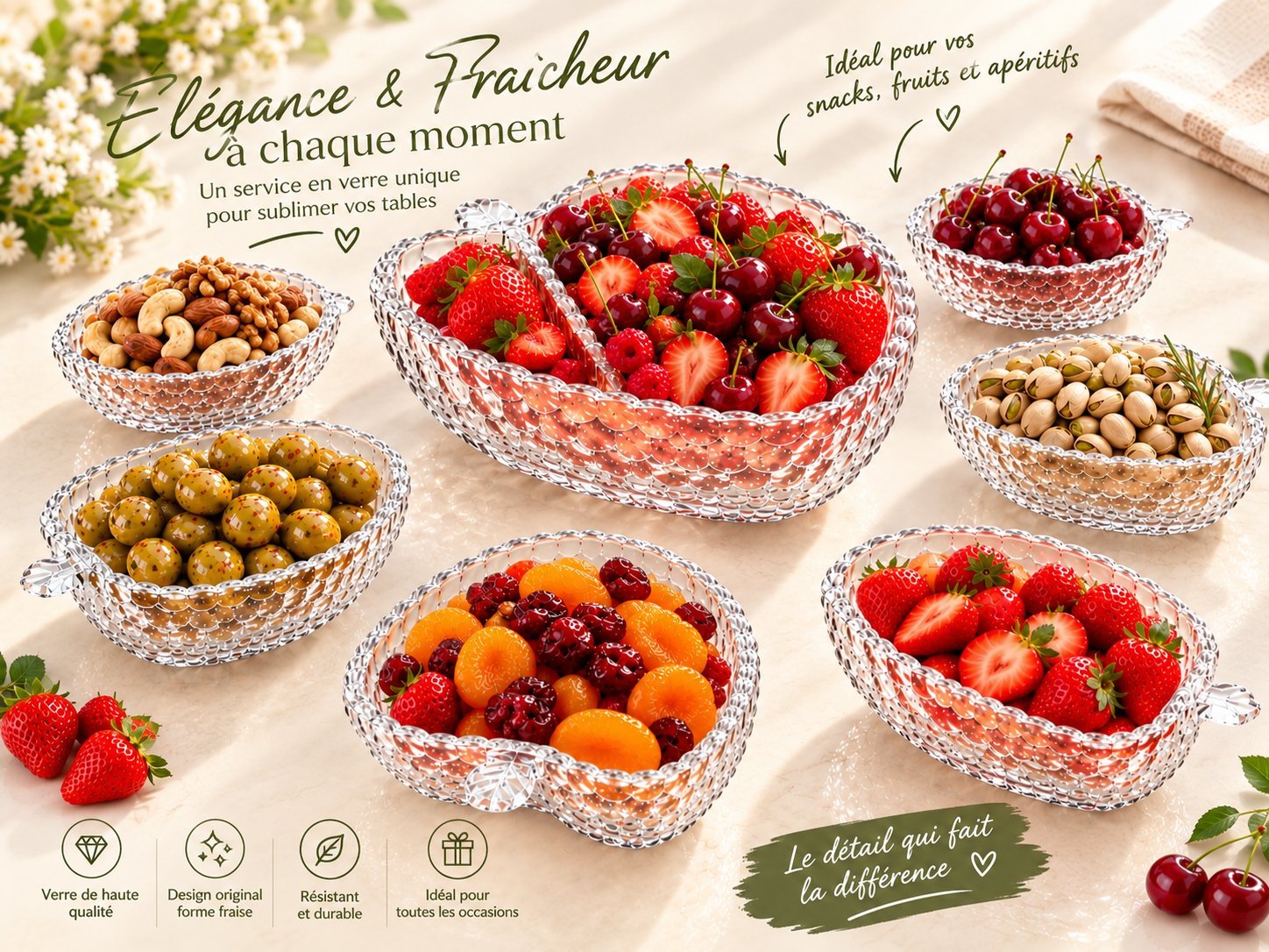 NEUF 💫 JAMAIS UTILISÉ 💫 Ensemble de bols en verre décoratif forme FRAISE 🍓. 
