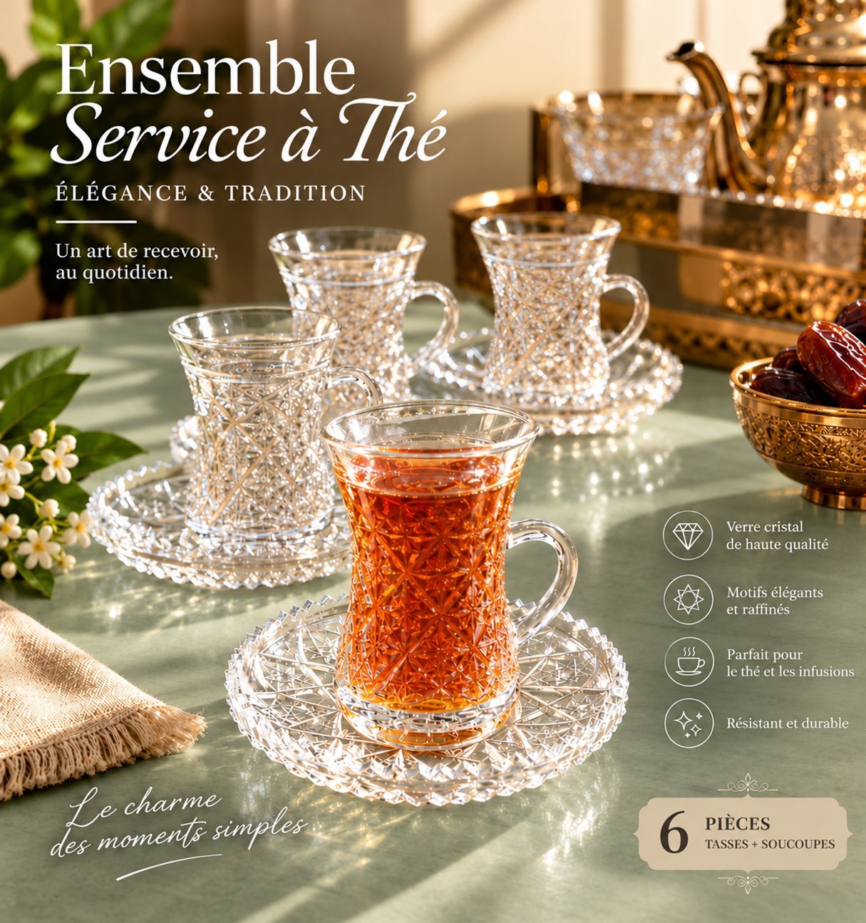 NEUF 💫 ,DANS SON EMBALLAGE D'ORIGINE, JAMAIS UTILISÉ - Service à THÉ en verre style ARABESQUE – 6 pièces. 🫖