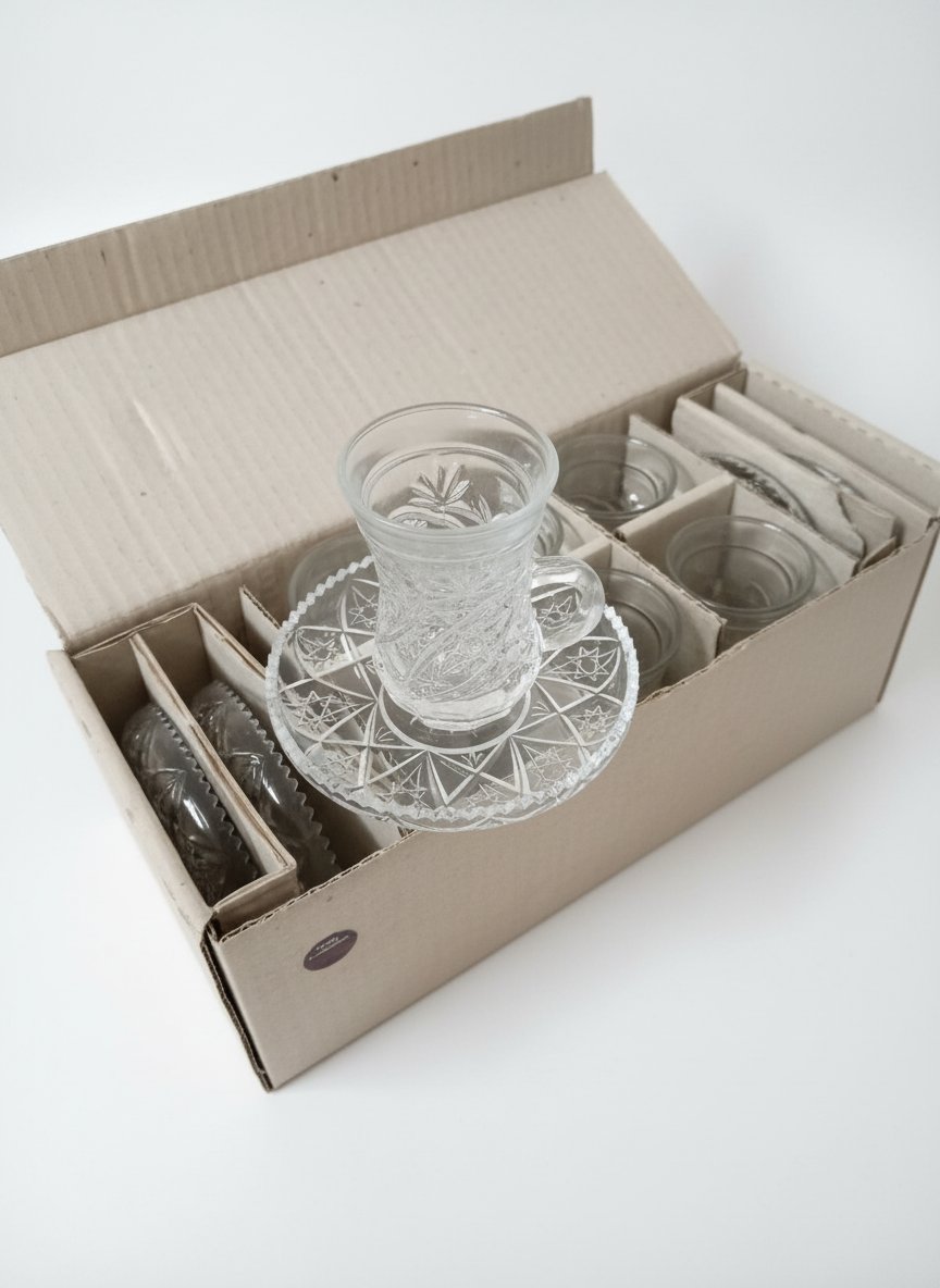NEUF- Service à thé en verre style ARABESQUE – 6 pièces. JAMAIS UTILISÉ