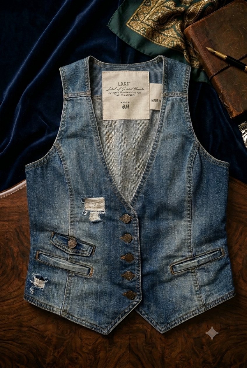 Ce vêtement est un gilet sans manches en jean