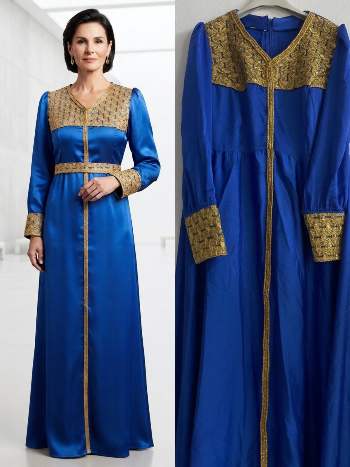 Caftan traditionnel bleu roi et broderies dorées