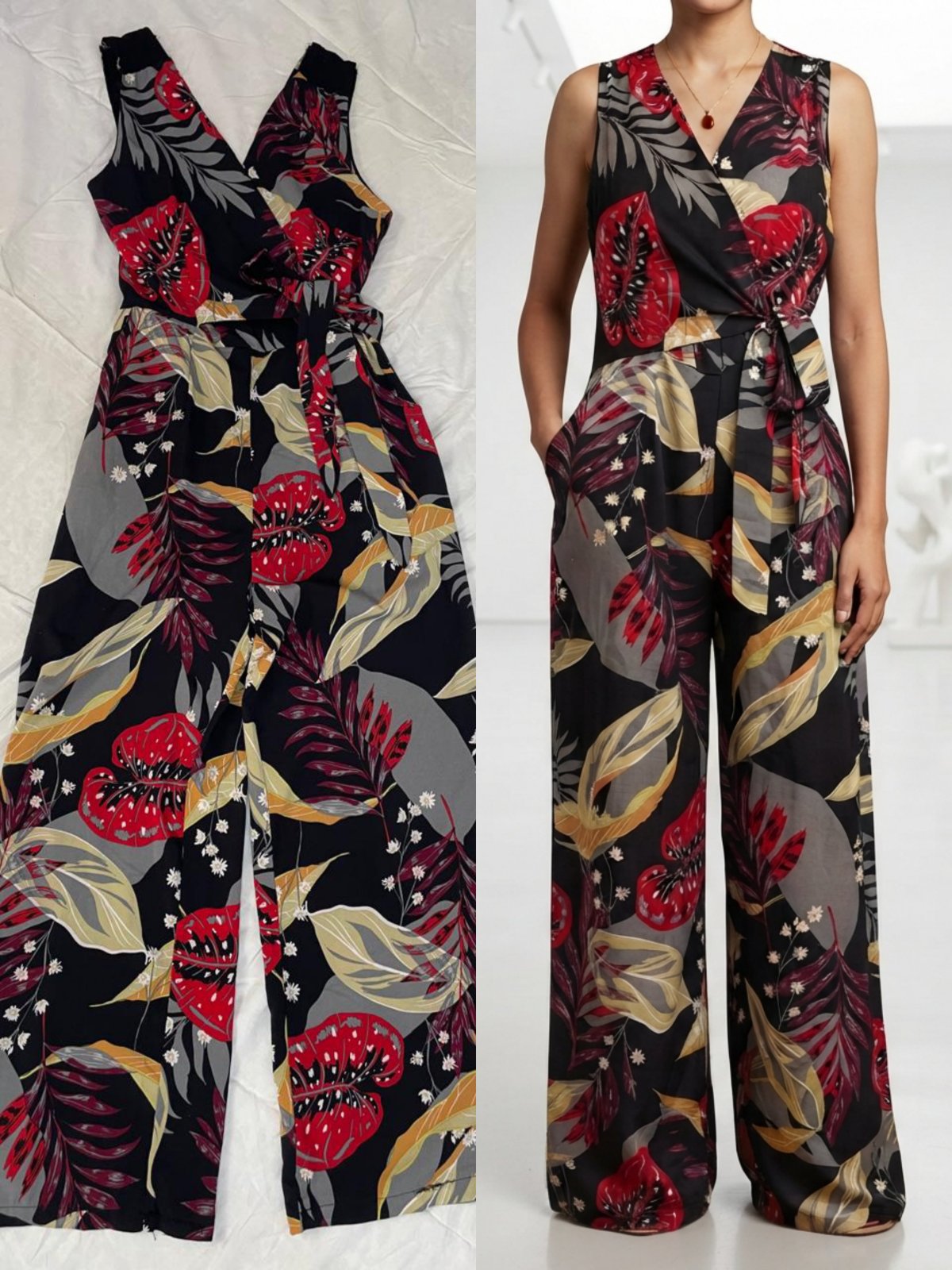 Combinaison pantalon large imprimé tropical