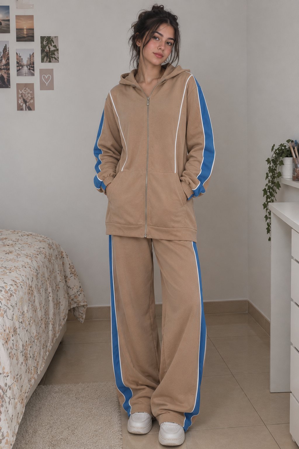 Ensemble jogging femme beige et bleu – Coupe tendance 💙