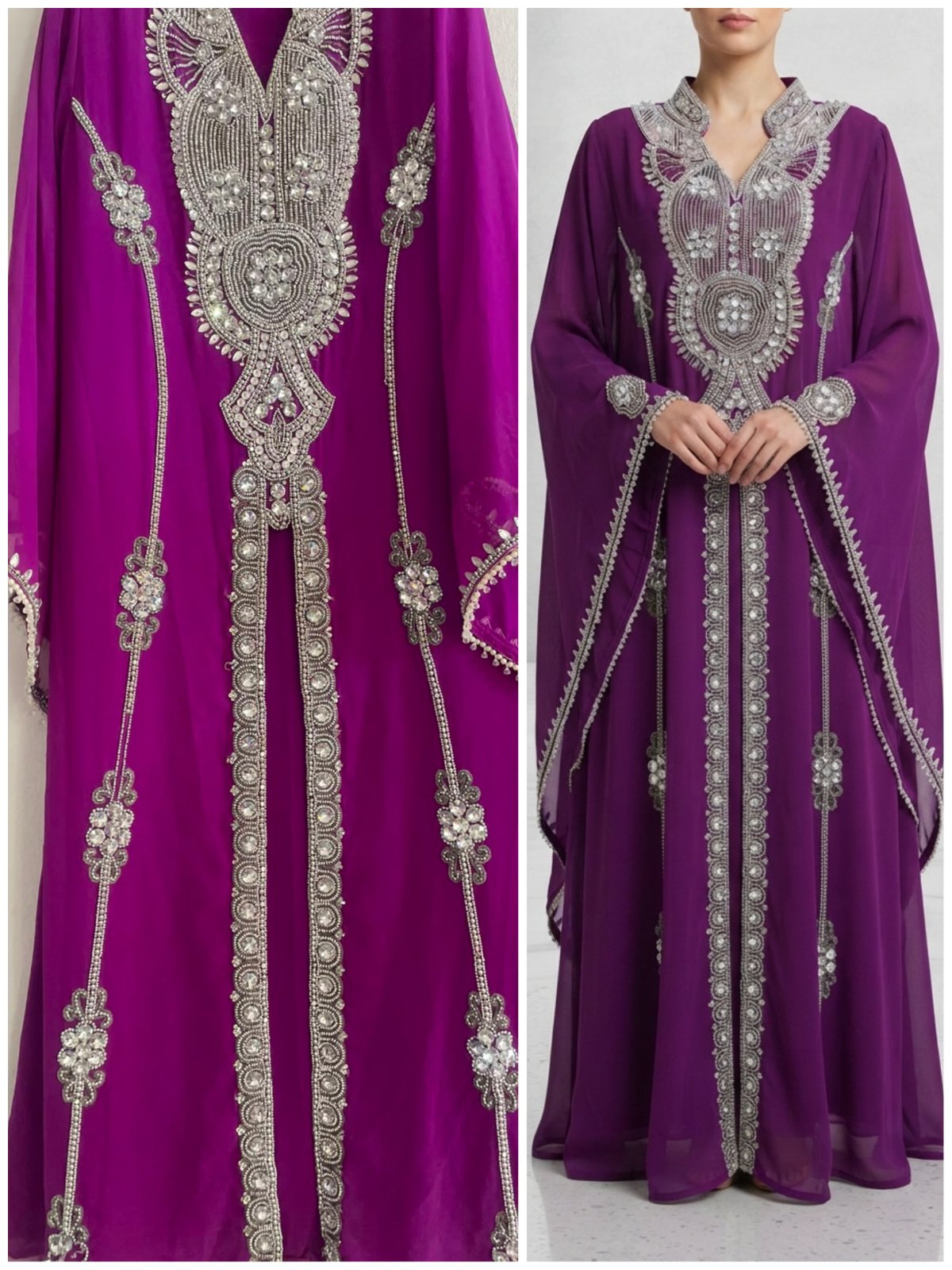 ✨ Kaftan de soirée luxueux - Violet & Broderies argentées - Élégance royale 💜👗