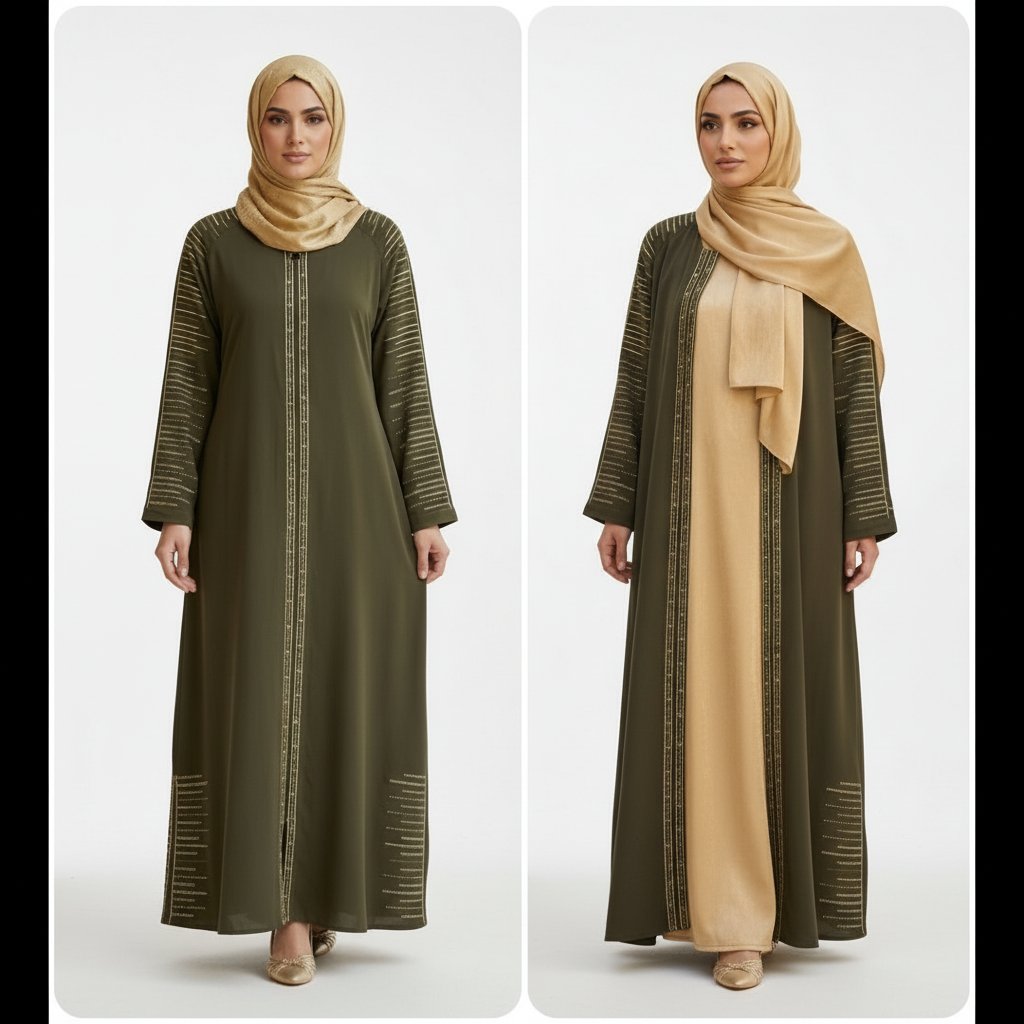 Abaya kimono longue kaki polyvalente (se porte ouverte ou fermée)