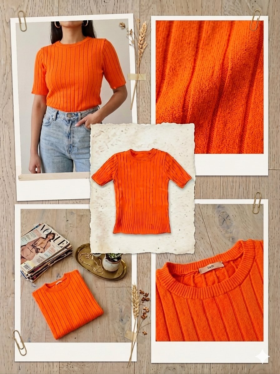 Pull côtelé orange vif, coupe cintrée.