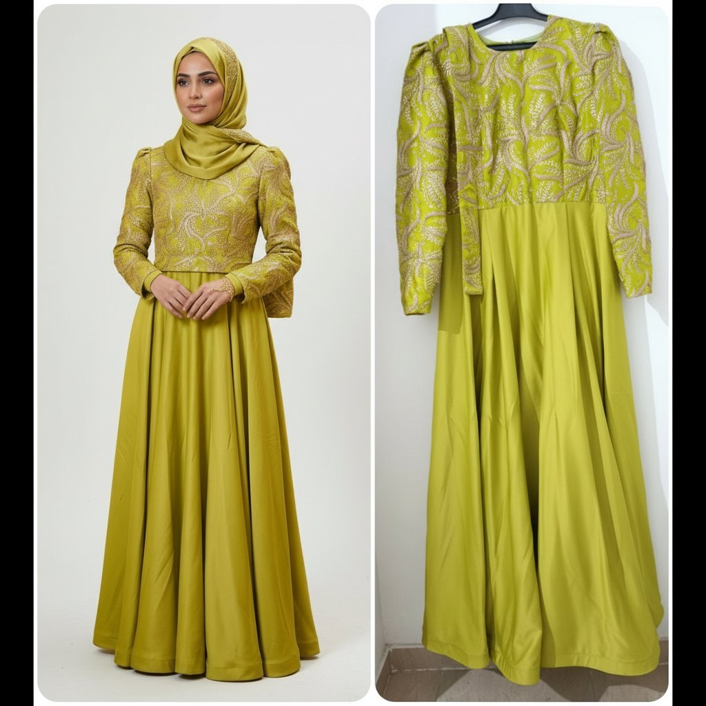 Robe de soirée élégante vert olive avec broderies dorées