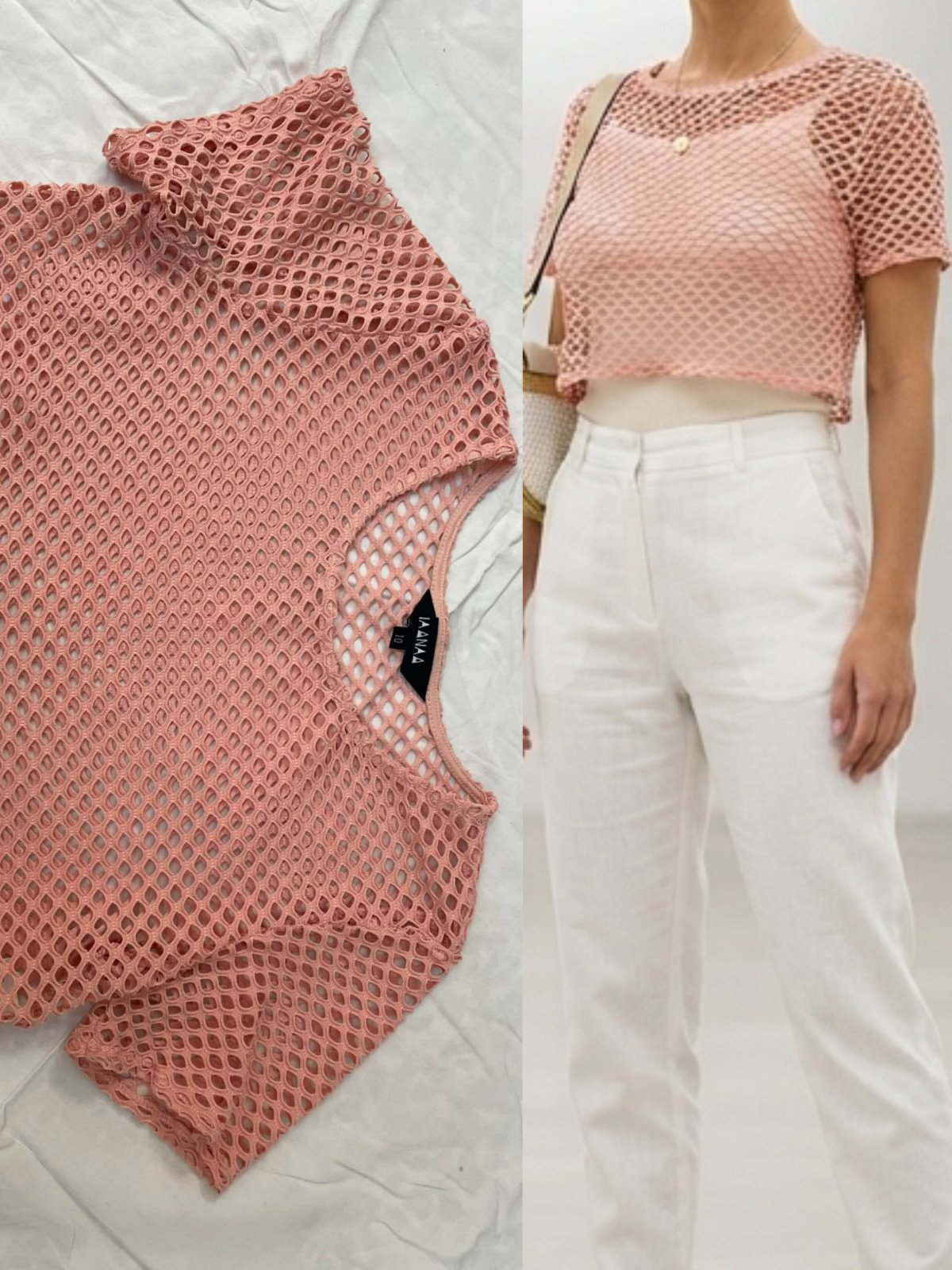 ✨ Crop top résine / filet ajouré - Rose poudré - JAANA  🌸👚