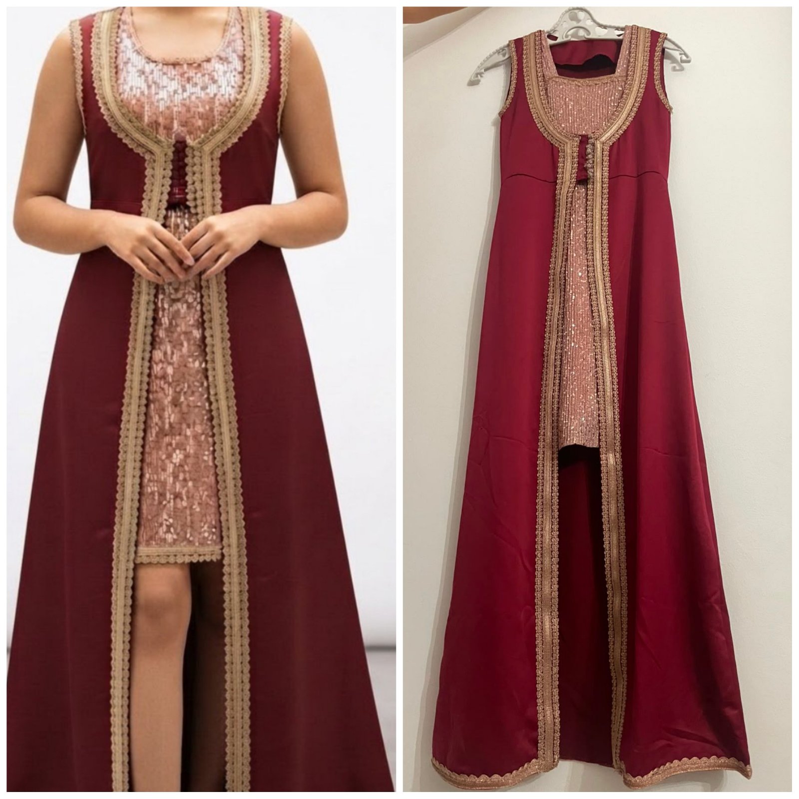 Robe longue de soirée bordeaux brodée à la main