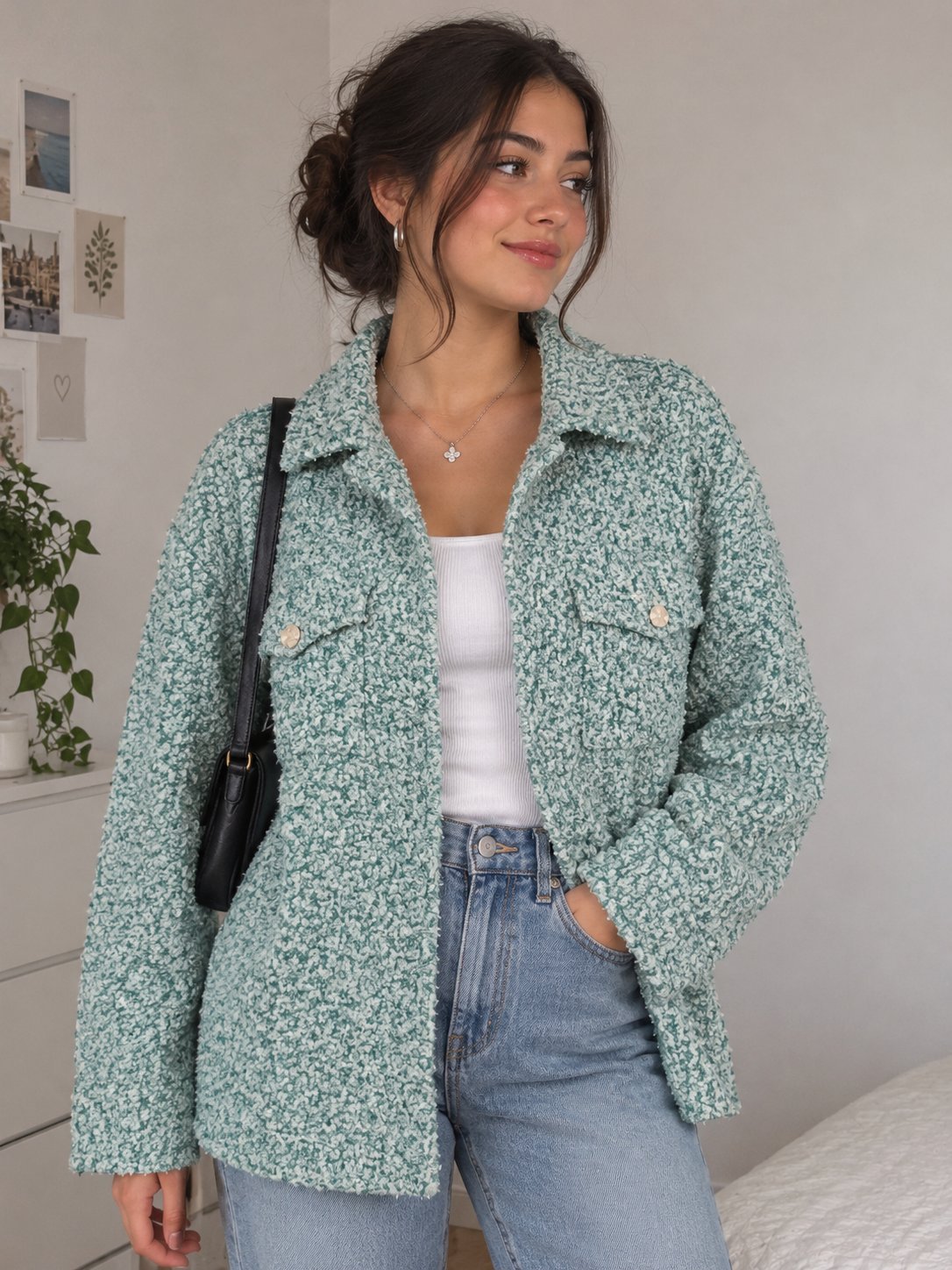 Veste mi-longue effet bouclé vert sauge 🍃