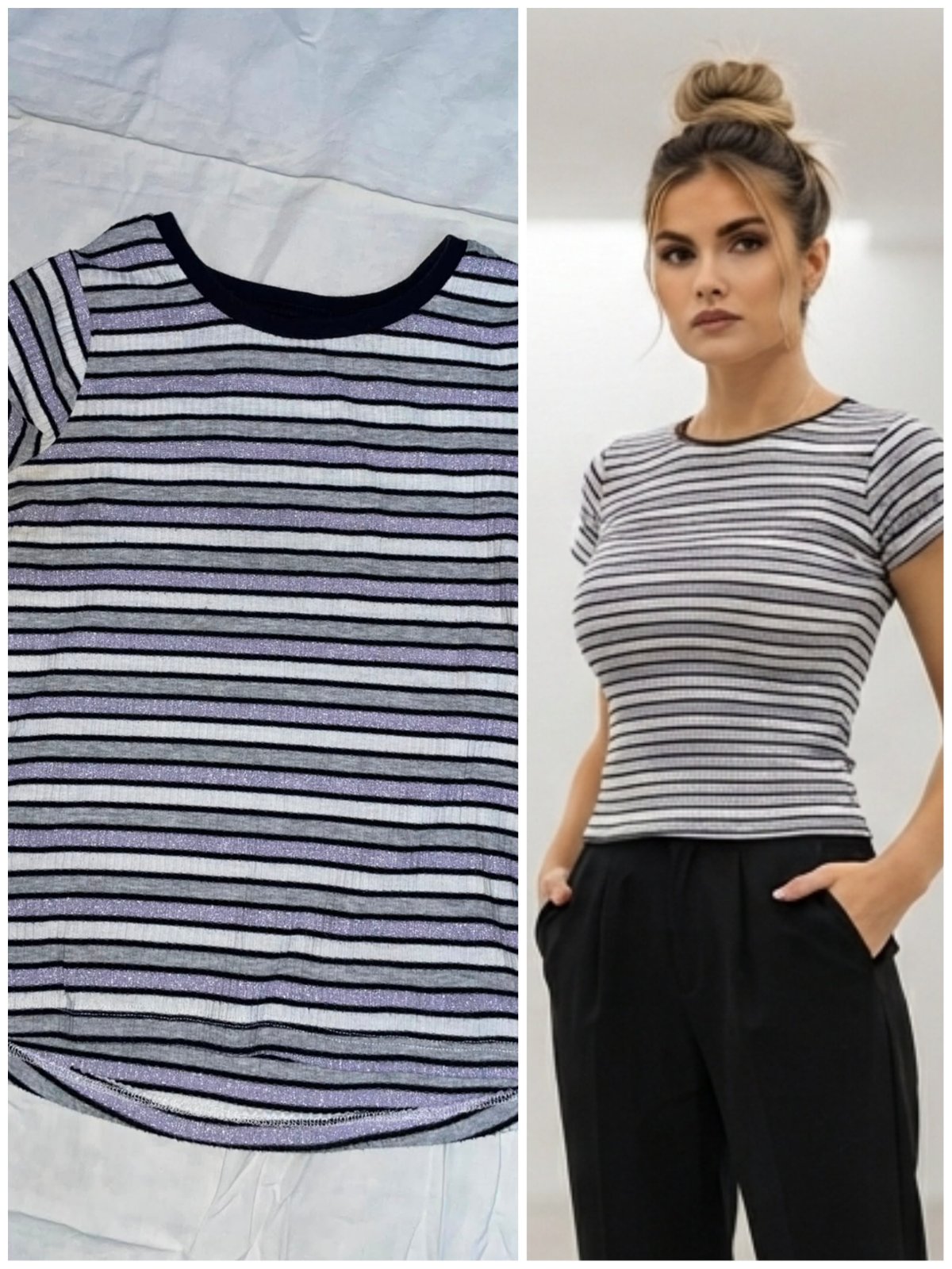 ✨ T-shirt rayé basique - Confortable & Tendance - Style casual 🤍🖤💜