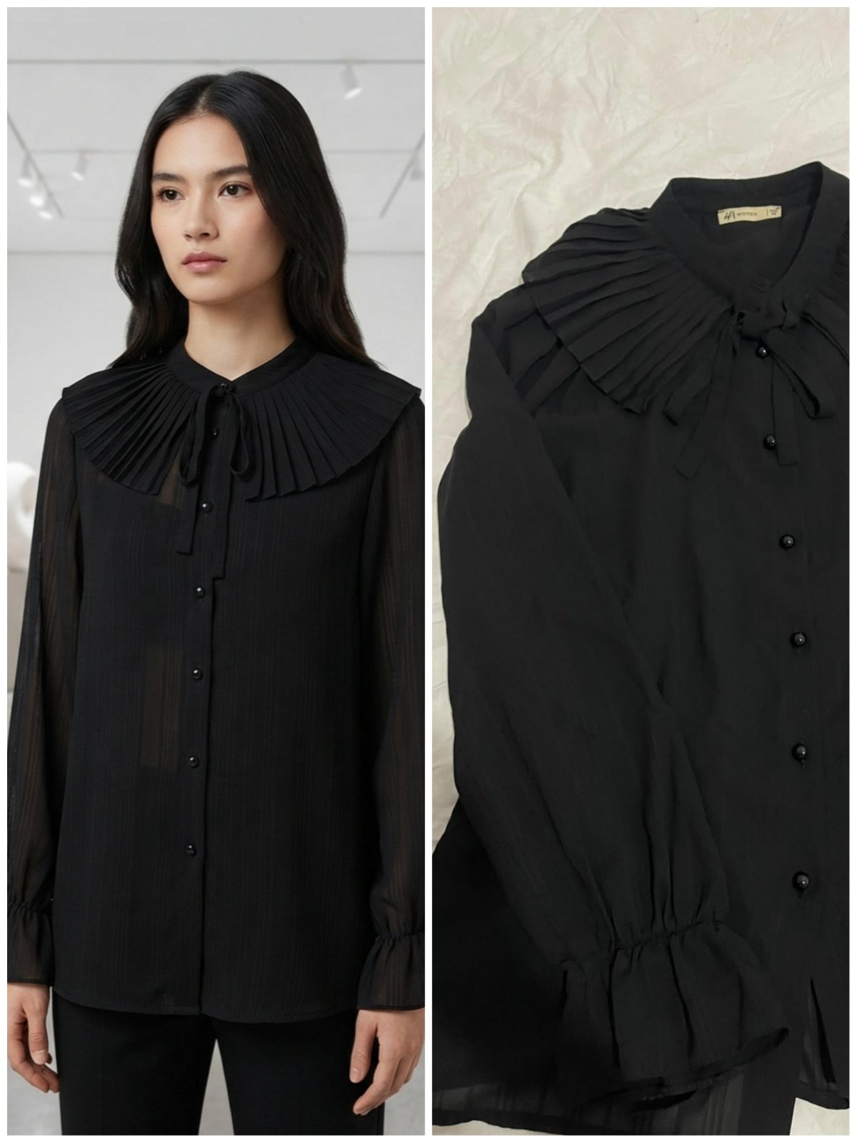 ✨ Chemise noire élégante - Grand col plissé vintage - Chic & Tendance 🖤🤍