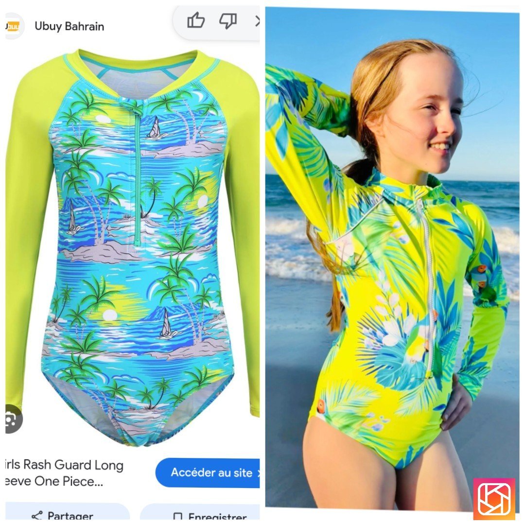 Ce maillot de bain une pièce pour fille à manches longues de la marque HowJoJo présente un motif tropical coloré de palmiers sur fond bleu et des manches vert néon avec un zip frontal. UV sun protection  , tt neuf 