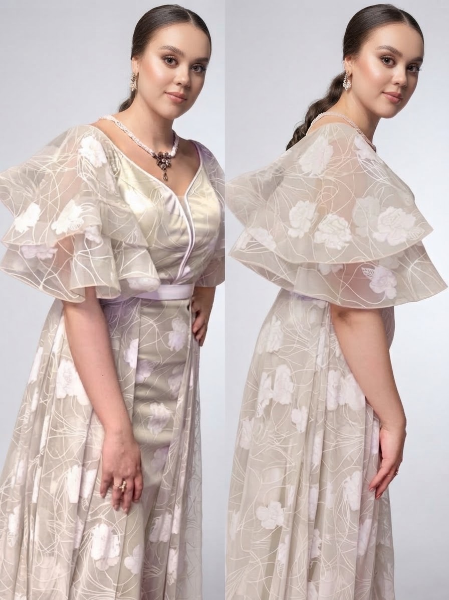 Magnifique robe de soirée / Caftan moderne beige rosé à broderies florales