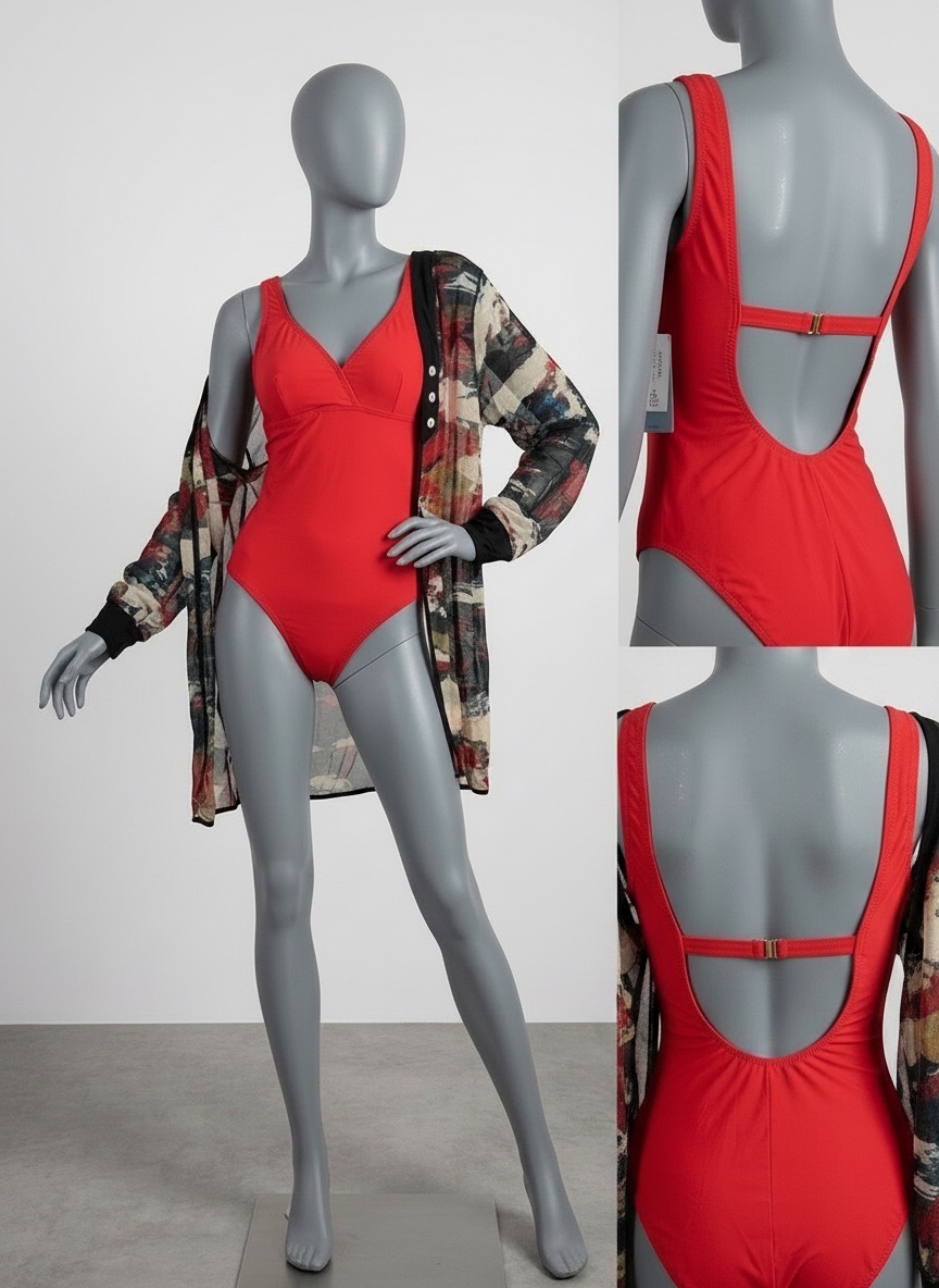 Ensemble maillot de bain 1 pièce rouge + Kimono / Gilet de plage flu