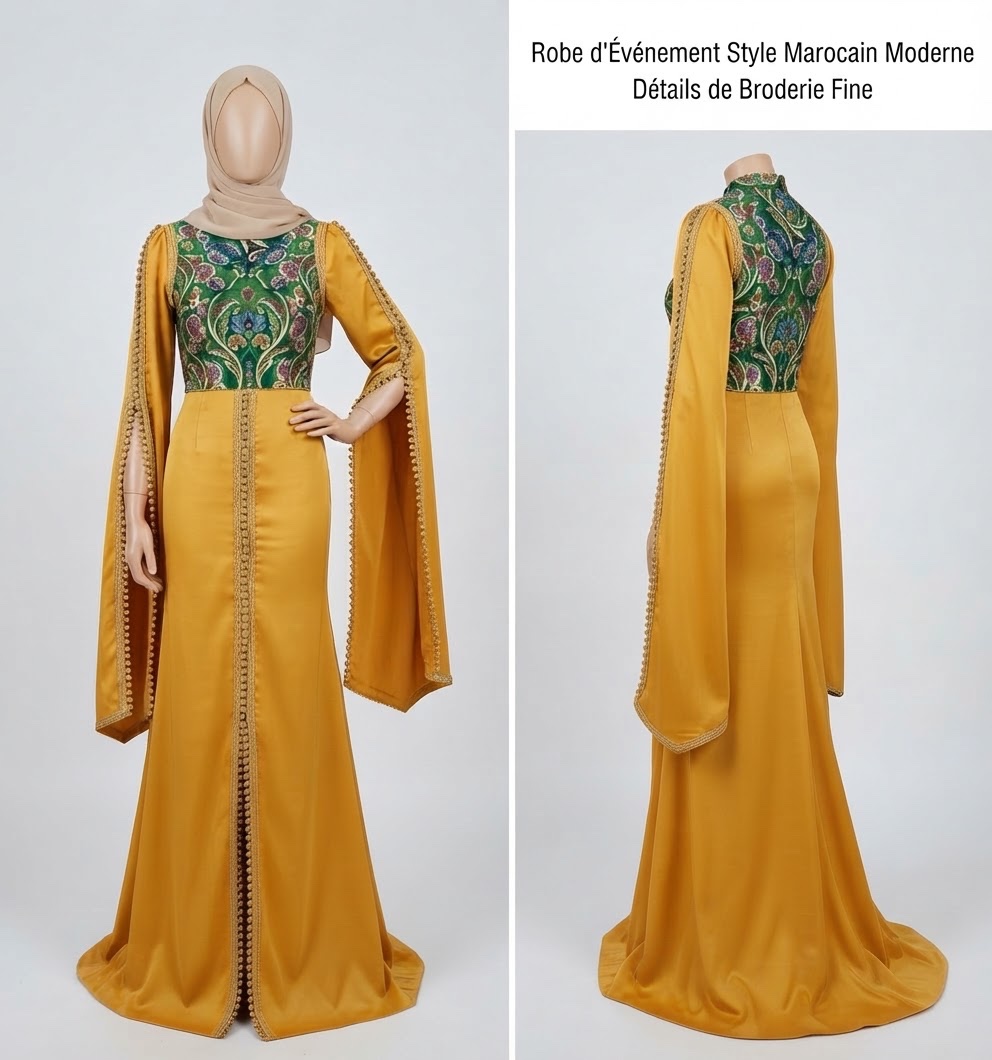 Caftan moderne / Robe de soirée jaune moutarde & bustier brodé vert – Coupe sirène