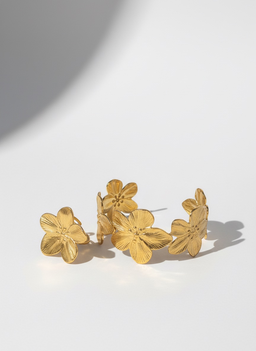 Manchette et bague fleur en acier inoxydable.