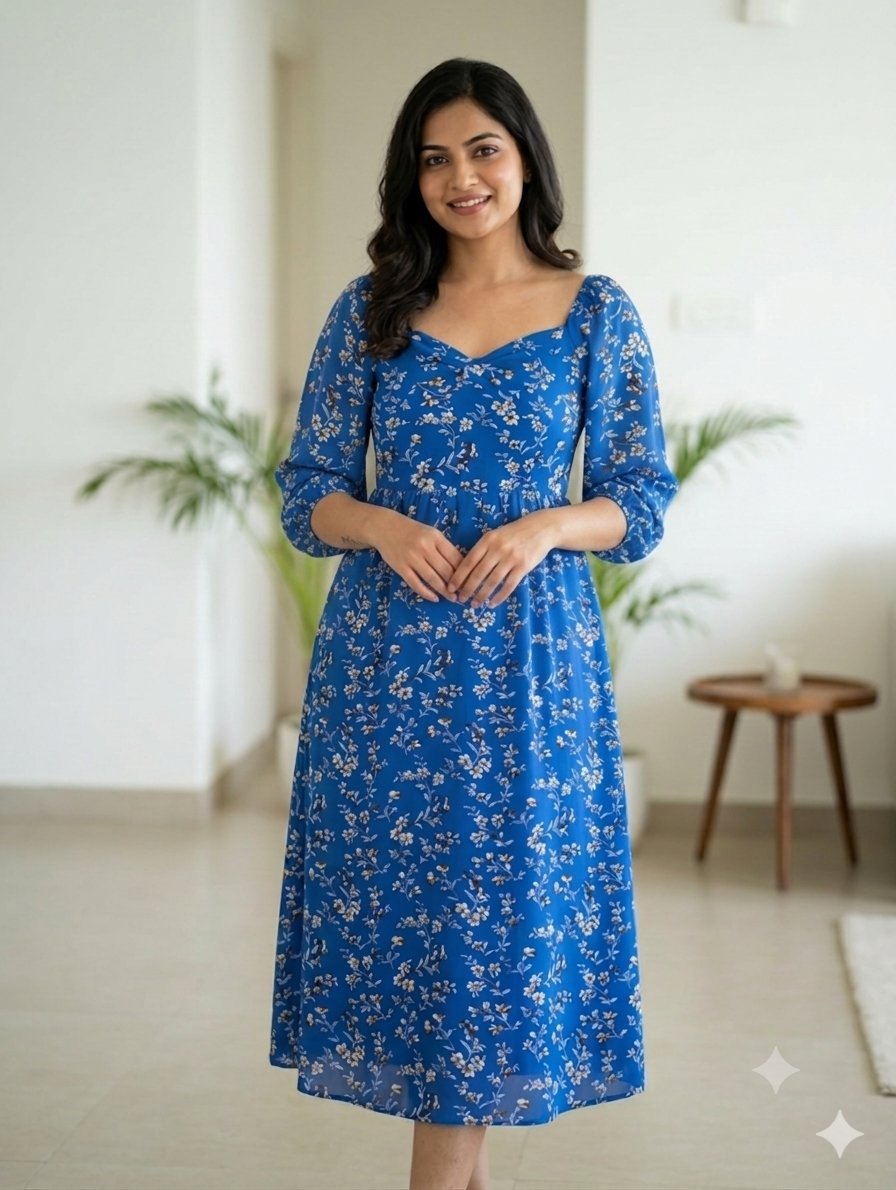 Robe longue bleu fleurie 