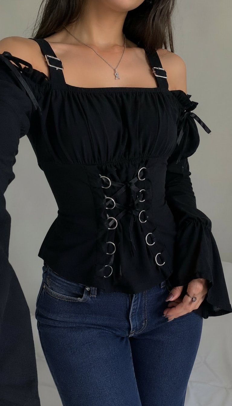 This is a black off-the-shoulder blouse/top with a bold, alternative-inspired design