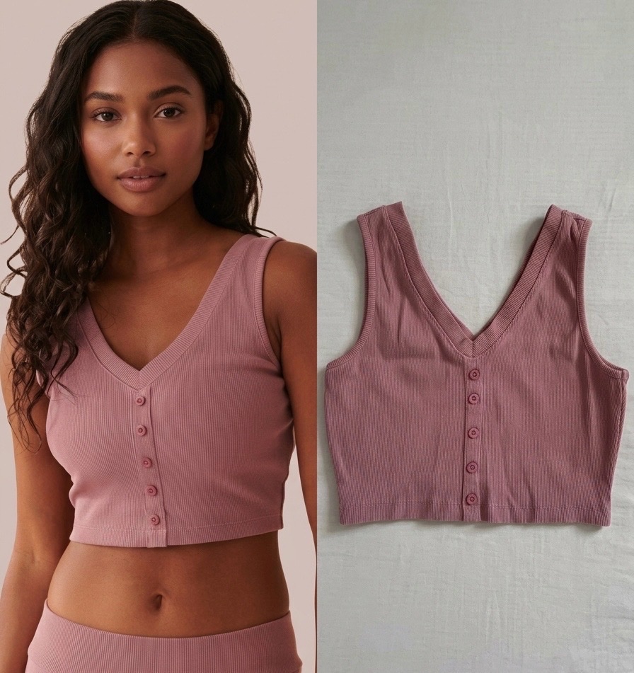 Crop Top Côtelé Violet Mauve avec Boutons