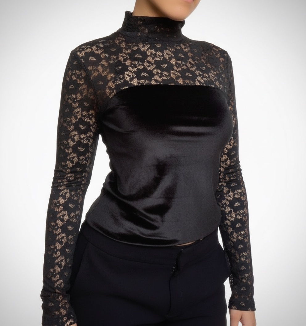 Top noir élégant en dentelle et satin – Style Chic