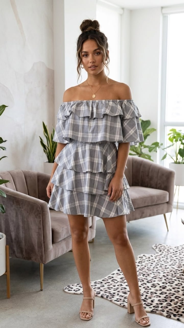فستان قصير مكشوف الكتفين بكشكش وكاروهات رمادي - Missguided