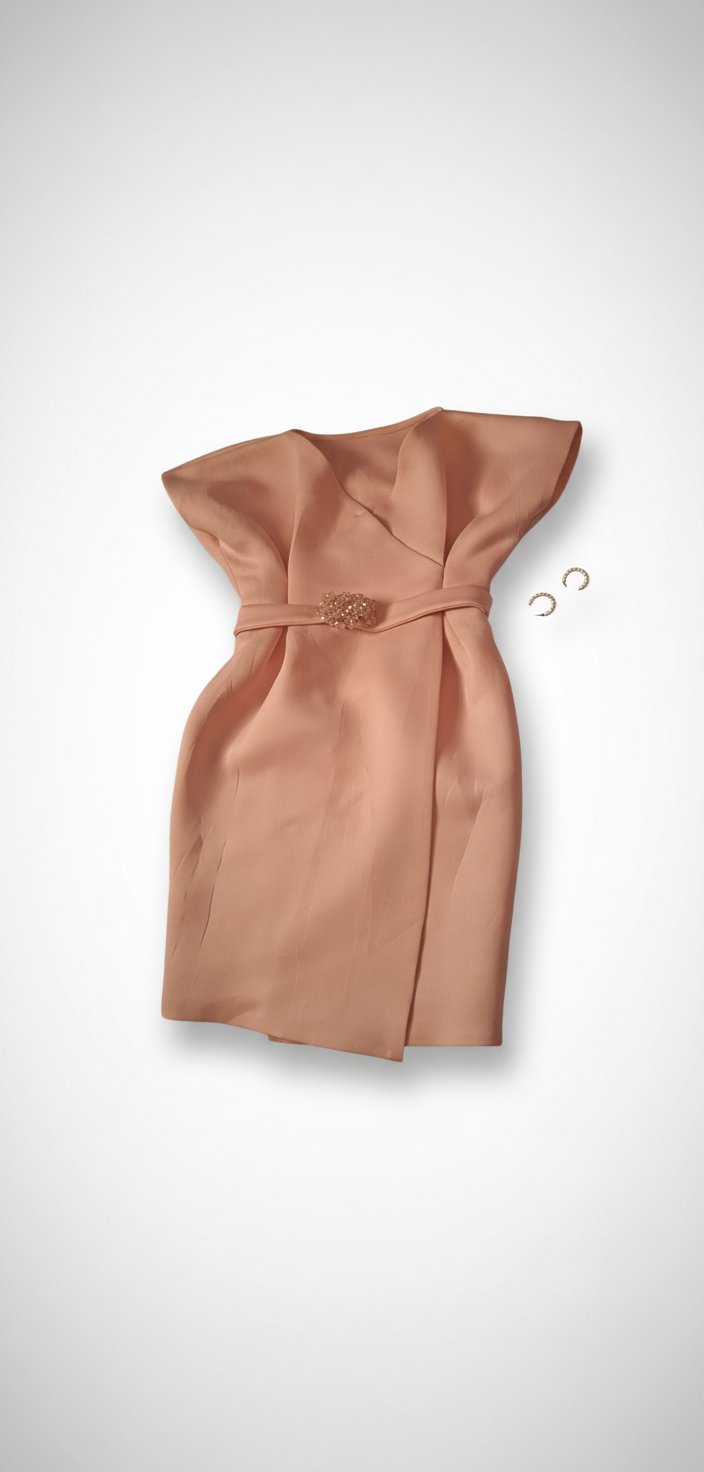 Robe de soirée midi chic couleur pêche / saumon clair – Style Portefeuille avec Broche Perles