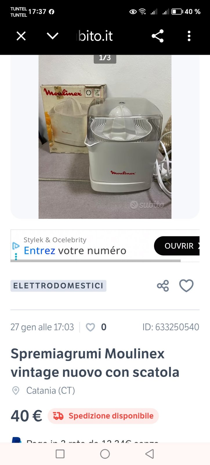 Il s'agit d'un presse-agrumes électrique Moulinex de couleur blanche.Le modèle, identifié comme le 825, a une capacité de 1 litre