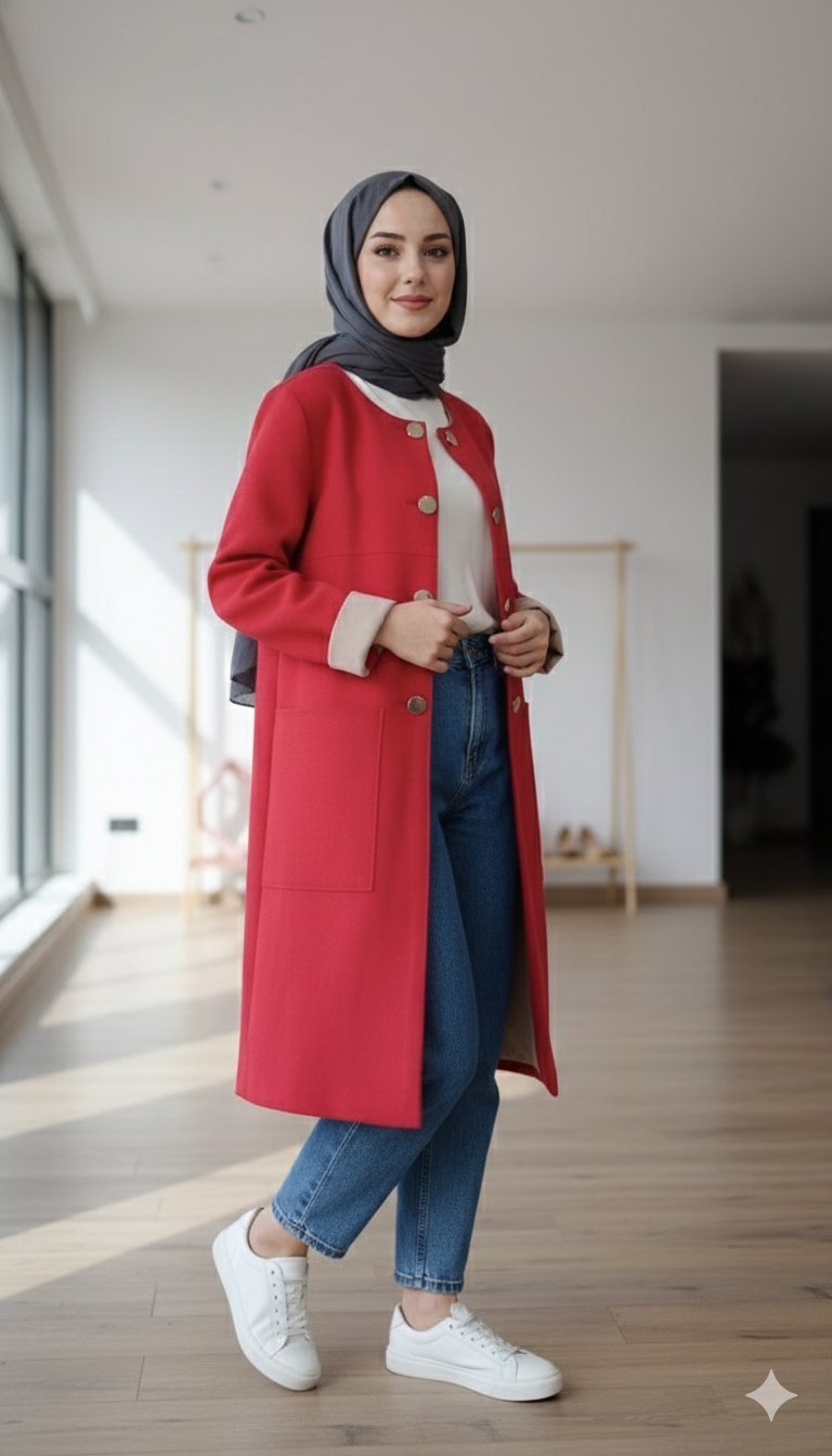 Promo Veste Longue Rouge Style Blazer, Idéale pour Hijab