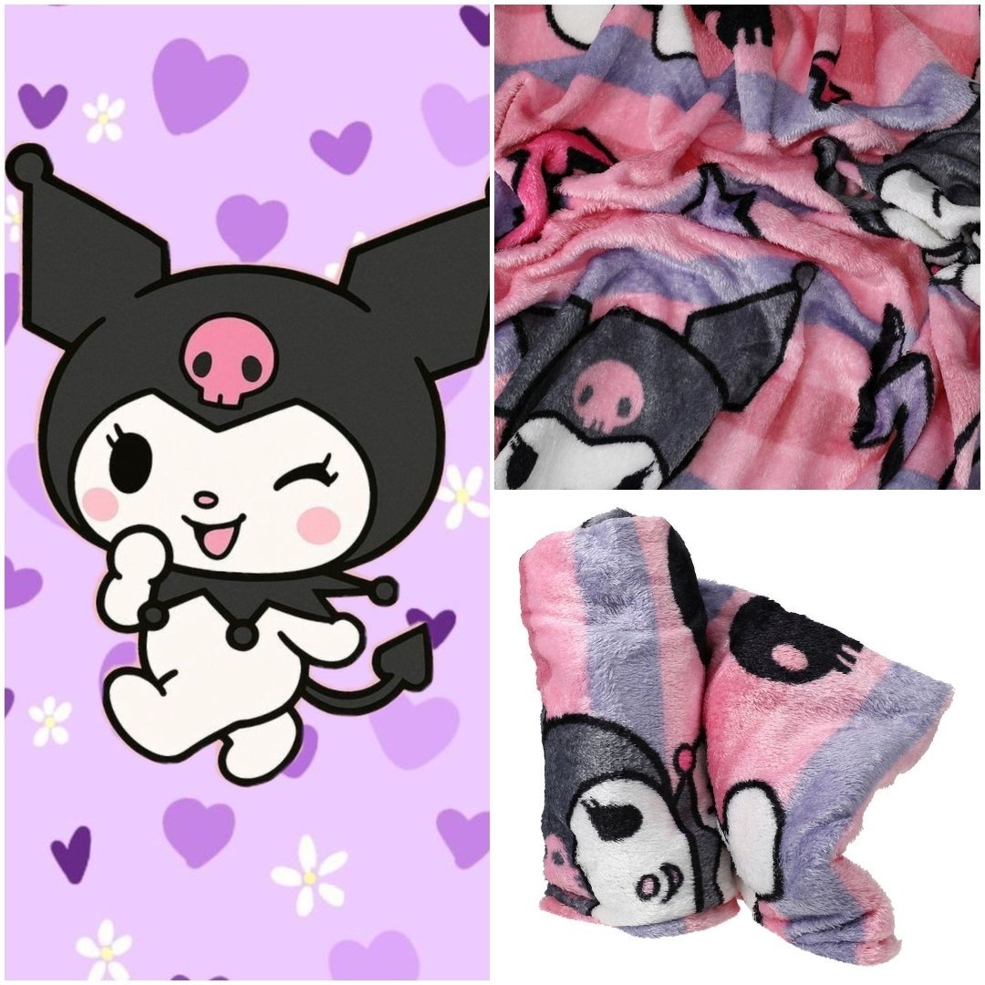​Couverture Plaid Moelleux Kuromi – Design Rayures Roses et Grises (Édition Soft Grunge)