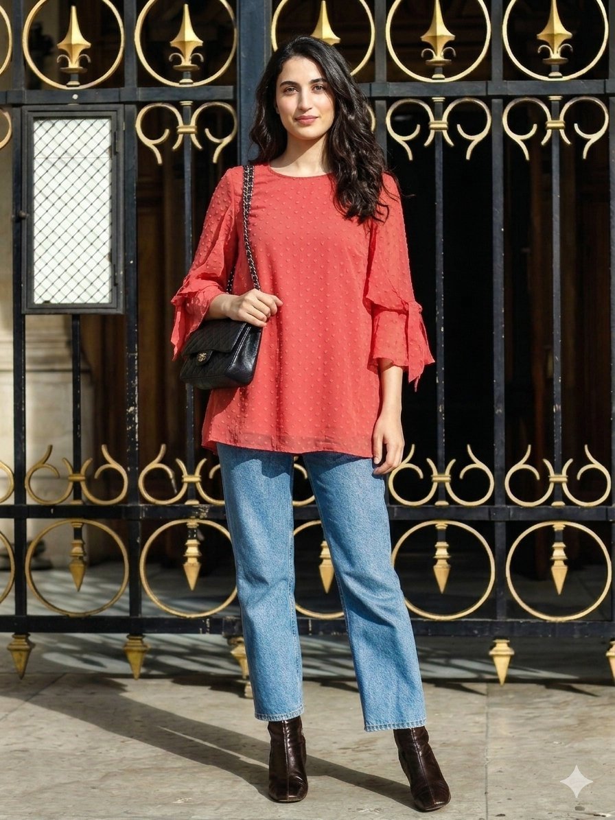 Chemise Corail en Plumetis – Détails Nœuds et Volants